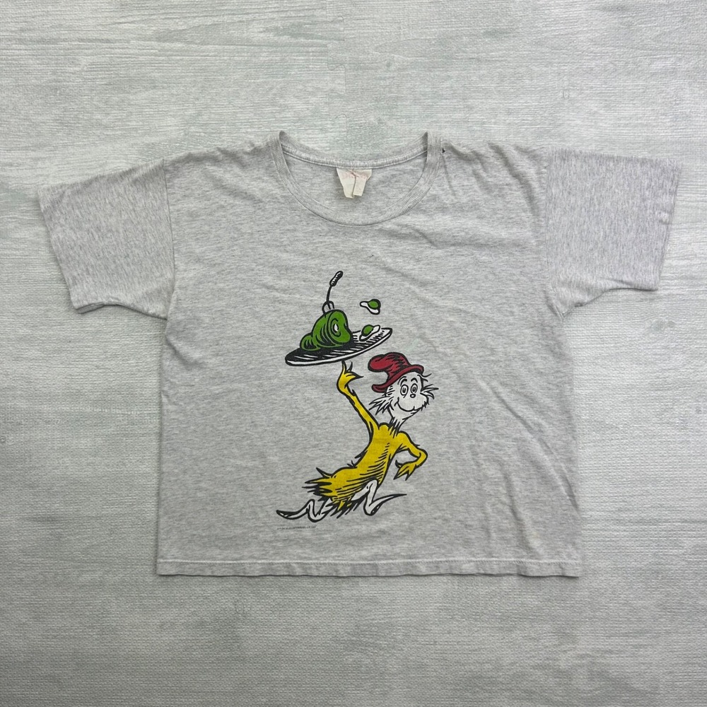 Vintage 90s Dr Seus Shirt Size Small Gray Green Eggs and Ham Cartoon Movie 1995